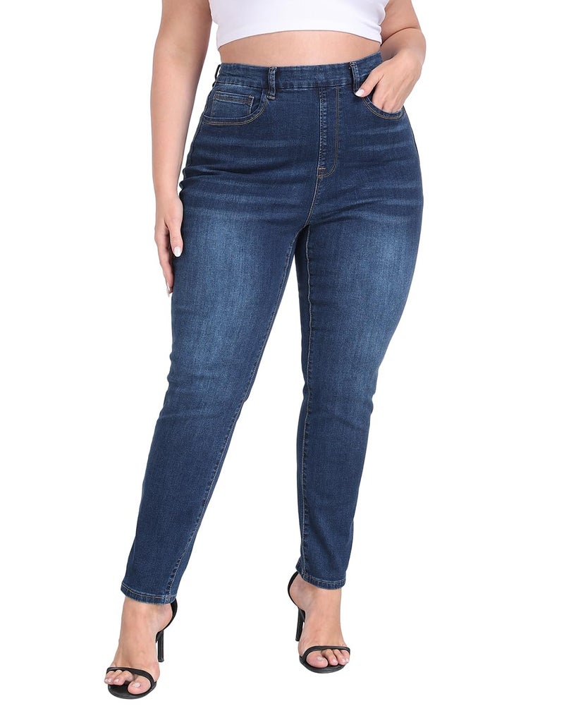 HDE Women's Plus Size Skinny Jeans Pull On Stretch Denim Jegging with Pockets Dark Blue - 4X - Image 1