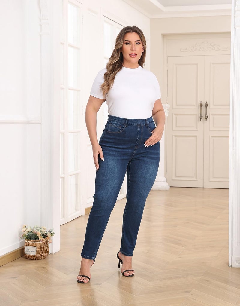 HDE Women's Plus Size Skinny Jeans Pull On Stretch Denim Jegging with Pockets Dark Blue - 4X - Image 2
