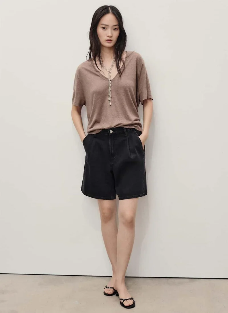 MANGO Mid-Rise Denim Bermuda Pleats Shorts