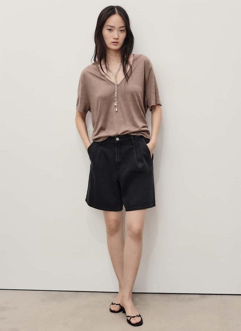 MANGO Mid-Rise Denim Bermuda Pleats Shorts  - Image 4
