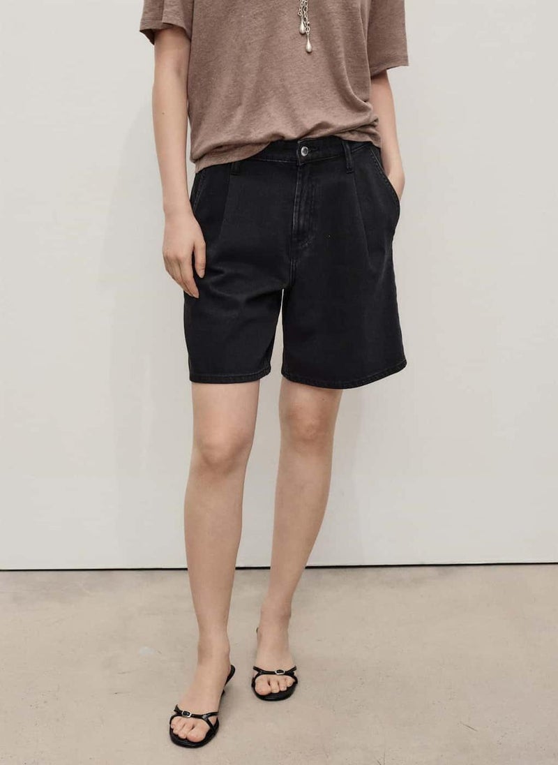 MANGO Mid-Rise Denim Bermuda Pleats Shorts  - Image 1