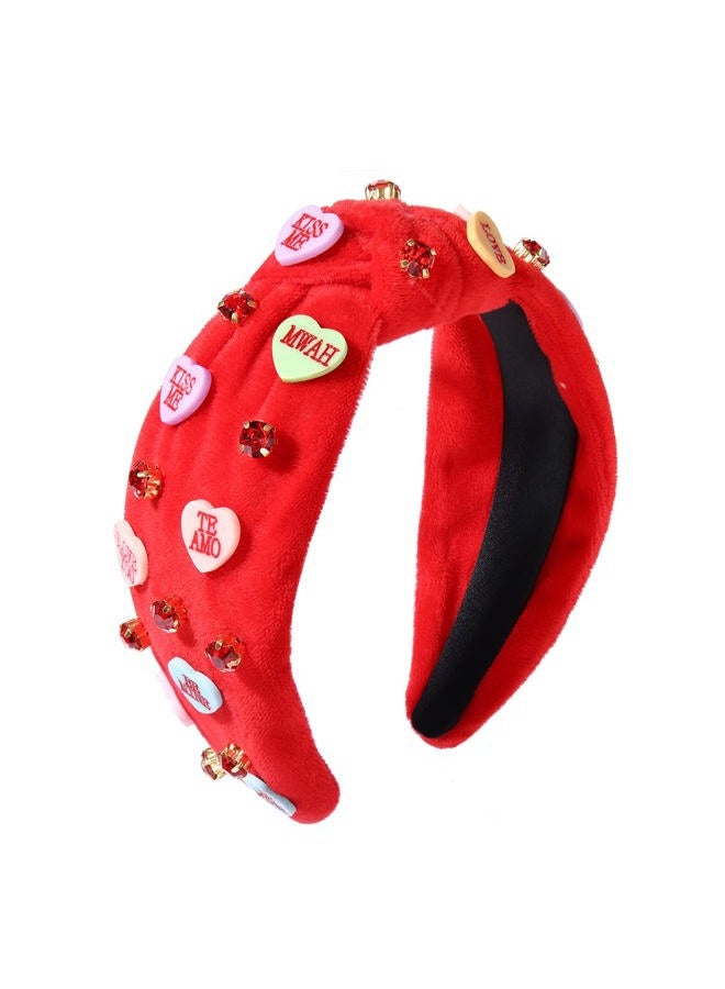 MOLOCH Pink Heart Headband for Women Rhinestone Conversation Love Heart Headbands Crystal Knotted Bejeweled Wide Velvet Fashion Hairband Valentines Day Country Concert Hair Accessories(Red) - Image 1