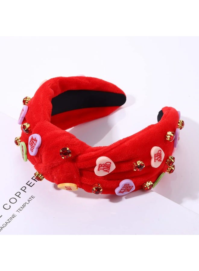 MOLOCH Pink Heart Headband for Women Rhinestone Conversation Love Heart Headbands Crystal Knotted Bejeweled Wide Velvet Fashion Hairband Valentines Day Country Concert Hair Accessories(Red) - Image 4