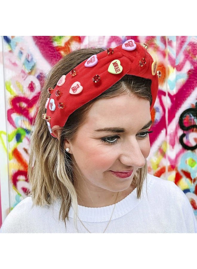MOLOCH Pink Heart Headband for Women Rhinestone Conversation Love Heart Headbands Crystal Knotted Bejeweled Wide Velvet Fashion Hairband Valentines Day Country Concert Hair Accessories(Red) - Image 2