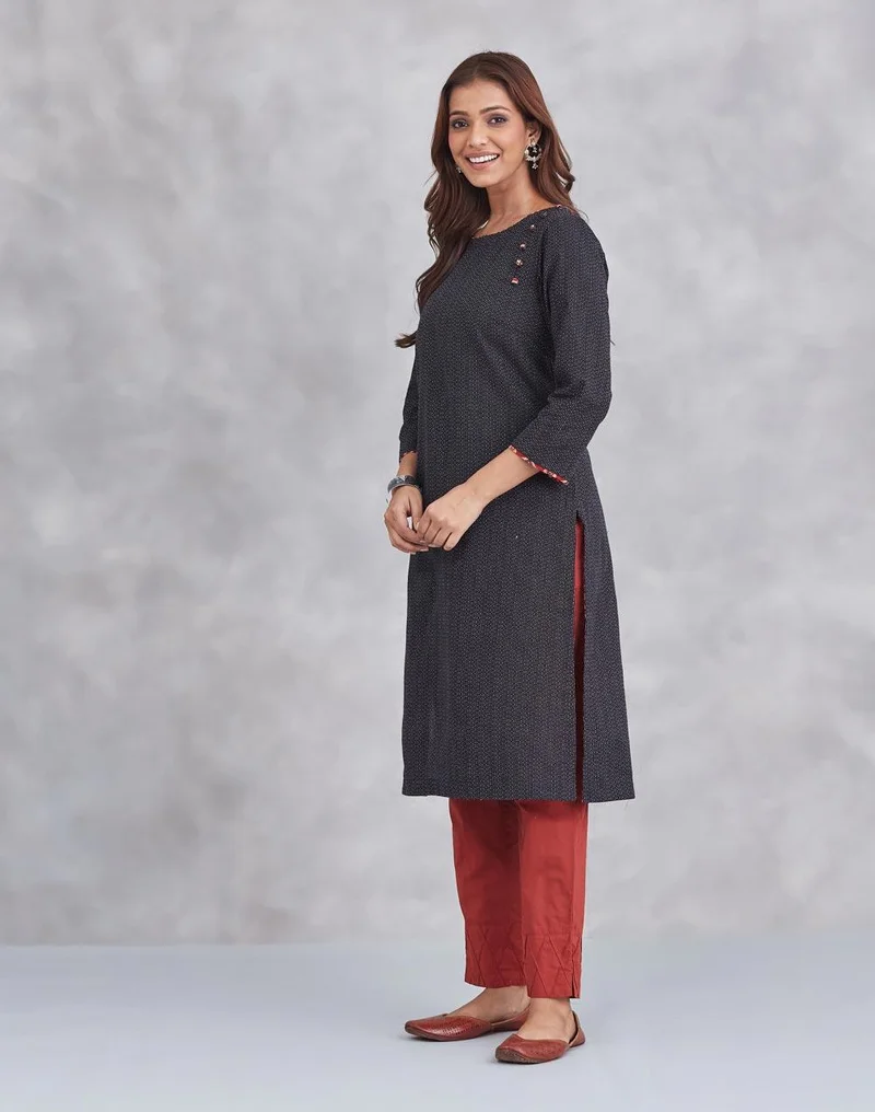 Fabindia  Black Cotton Knee Length Kurta for Women | Best Price UAE