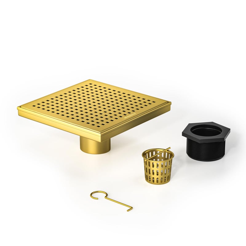 Bernkot Square Shower Drain 8 304 Stainless Steel Floor Drain with Grid Drain Cover Hair Strainer Shower Drain wCUPC Certified Brushed Gold