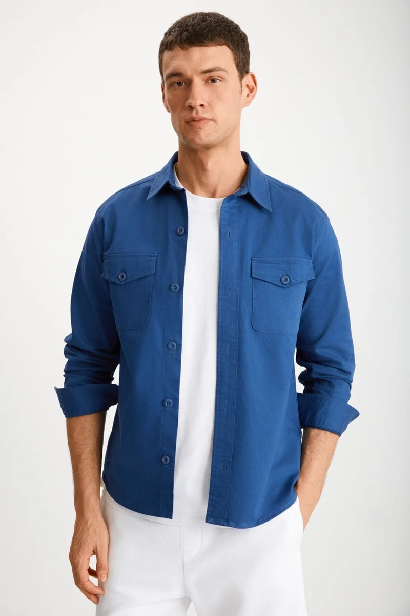 GRIMELANGE Nader Men's Woven Thick Textured Surface Flap Pocket Buttoned Blue Jacket