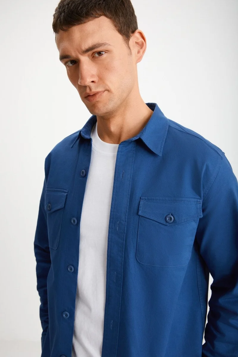 GRIMELANGE Nader Men's Woven Thick Textured Surface Flap Pocket Buttoned Blue Jacket