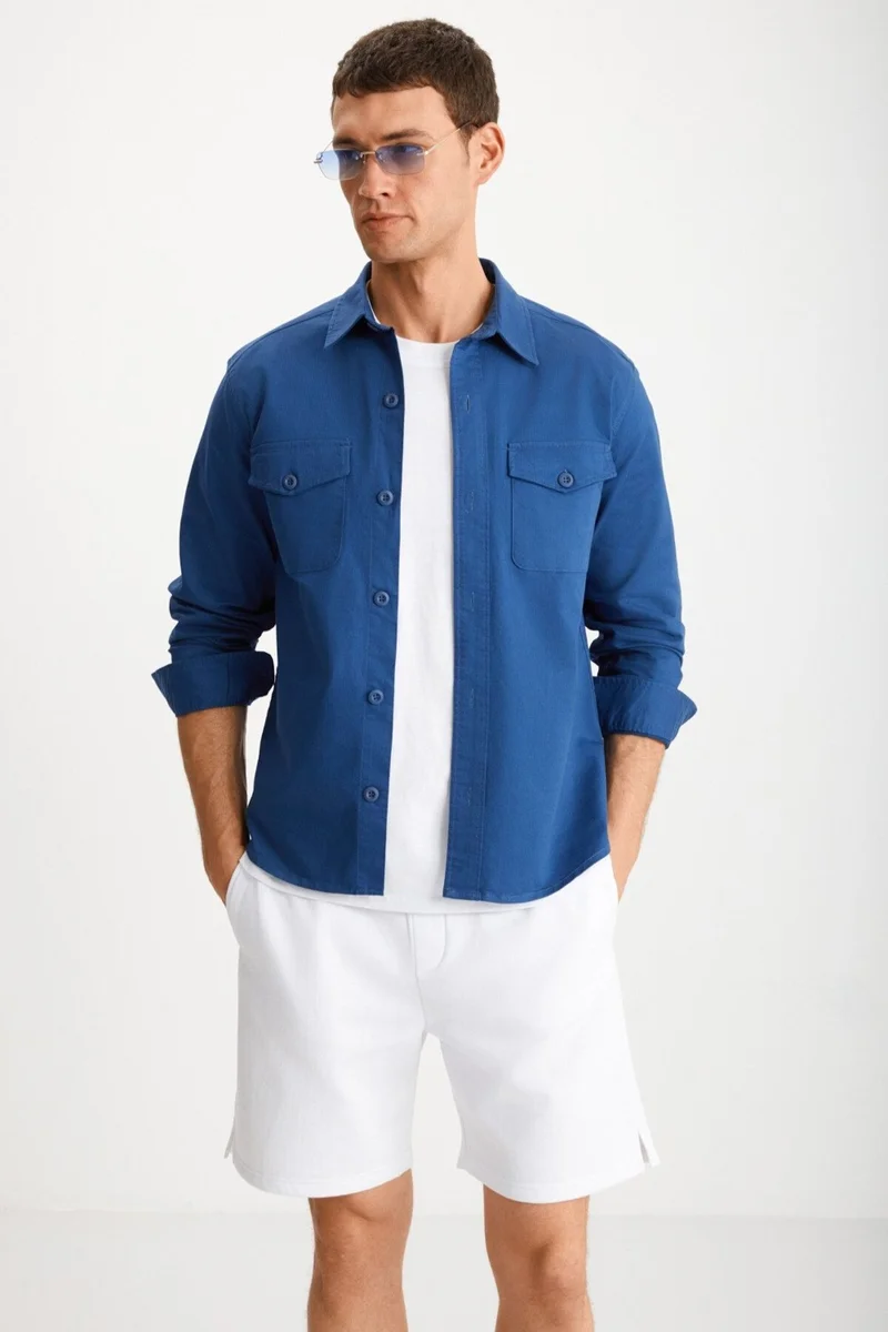 GRIMELANGE Nader Men's Woven Thick Textured Surface Flap Pocket Buttoned Blue Jacket
