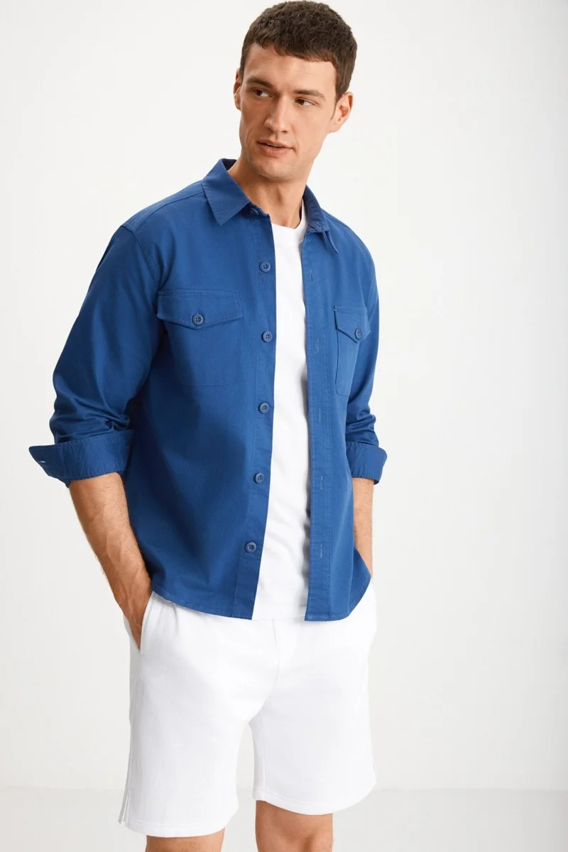 GRIMELANGE Nader Men's Woven Thick Textured Surface Flap Pocket Buttoned Blue Jacket