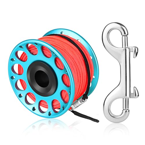Pluzluce Scuba Diving Reel, Large Spinning Spool Finger Reel with Double-Ended Bolt Snap Clip with 30m/100ft High Visibility Line Aluminum Dive Reel for Wreck Cave Diving Spearfishing Fishing (Blue Reel) - Image 1