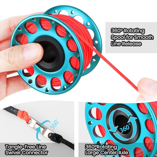 Pluzluce Scuba Diving Reel, Large Spinning Spool Finger Reel with Double-Ended Bolt Snap Clip with 30m/100ft High Visibility Line Aluminum Dive Reel for Wreck Cave Diving Spearfishing Fishing (Blue Reel) - Image 3