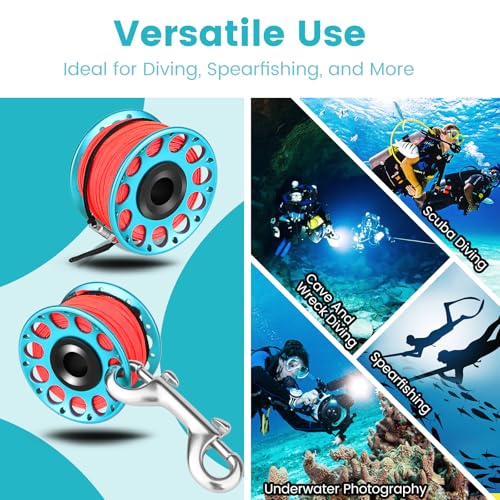 Pluzluce Scuba Diving Reel, Large Spinning Spool Finger Reel with Double-Ended Bolt Snap Clip with 30m/100ft High Visibility Line Aluminum Dive Reel for Wreck Cave Diving Spearfishing Fishing (Blue Reel) - Image 2