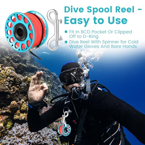 Pluzluce Scuba Diving Reel, Large Spinning Spool Finger Reel with Double-Ended Bolt Snap Clip with 30m/100ft High Visibility Line Aluminum Dive Reel for Wreck Cave Diving Spearfishing Fishing (Blue Reel) - Image 5