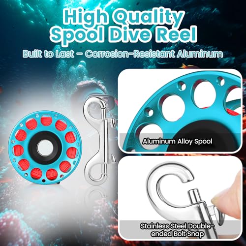 Pluzluce Scuba Diving Reel, Large Spinning Spool Finger Reel with Double-Ended Bolt Snap Clip with 30m/100ft High Visibility Line Aluminum Dive Reel for Wreck Cave Diving Spearfishing Fishing (Blue Reel) - Image 4