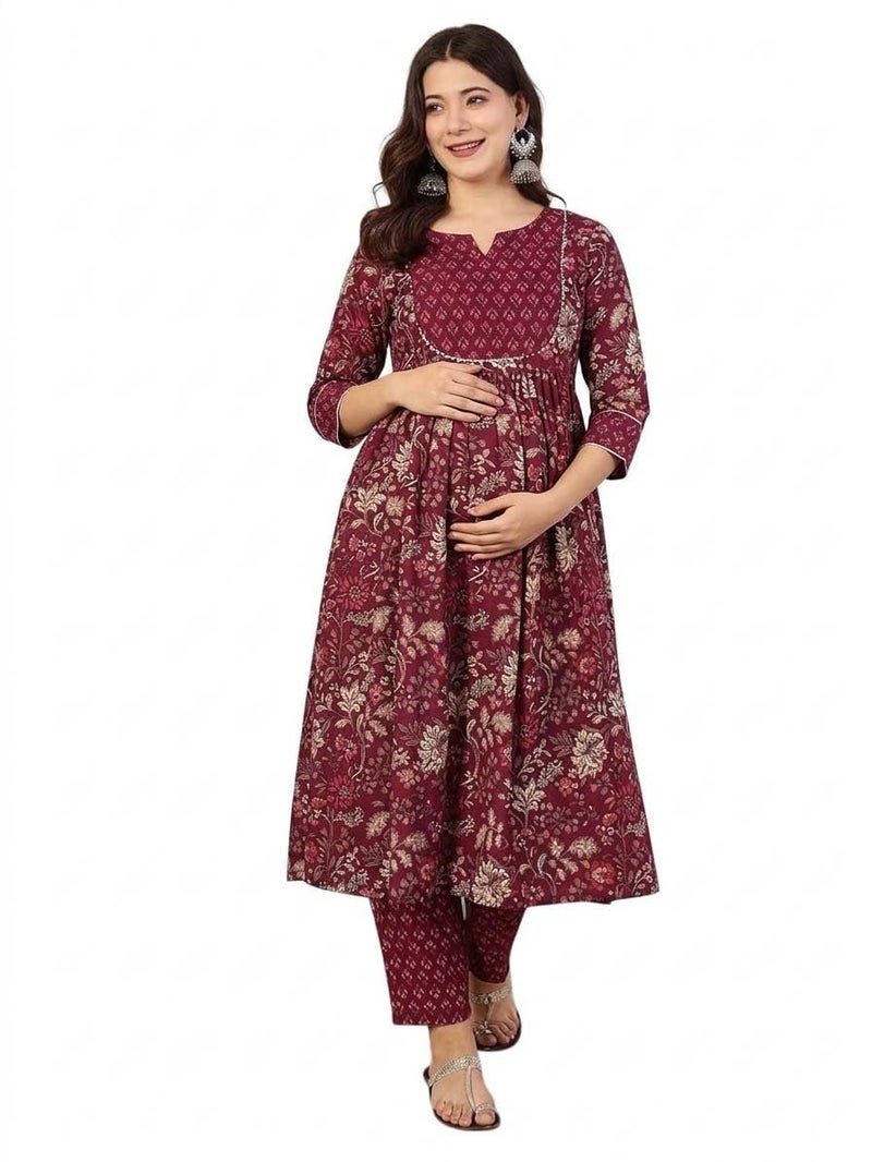 ASSUME FAB Women Viscose Rayon Anarkali Maternity and Feeding Zip Kurti and Pant Set Purple(Large - Image 1