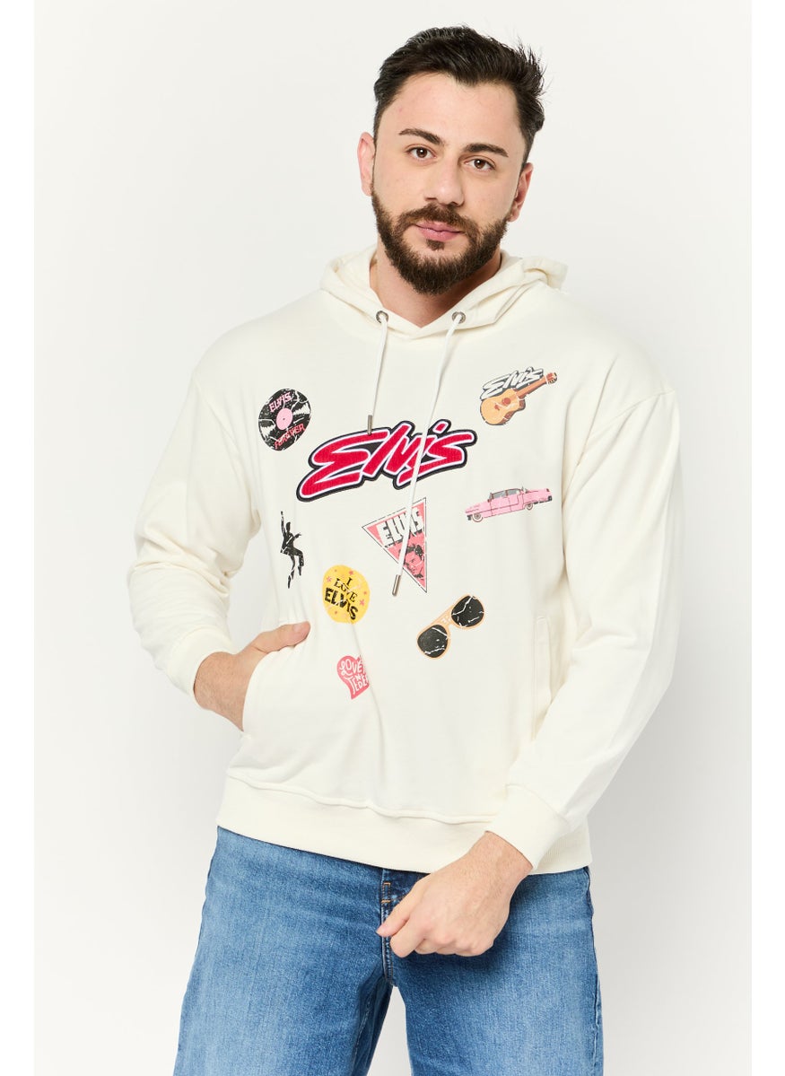 ELVIS Men Hooded Graphic Print Long Sleeves Sweatshirt, Off White  - Image 1