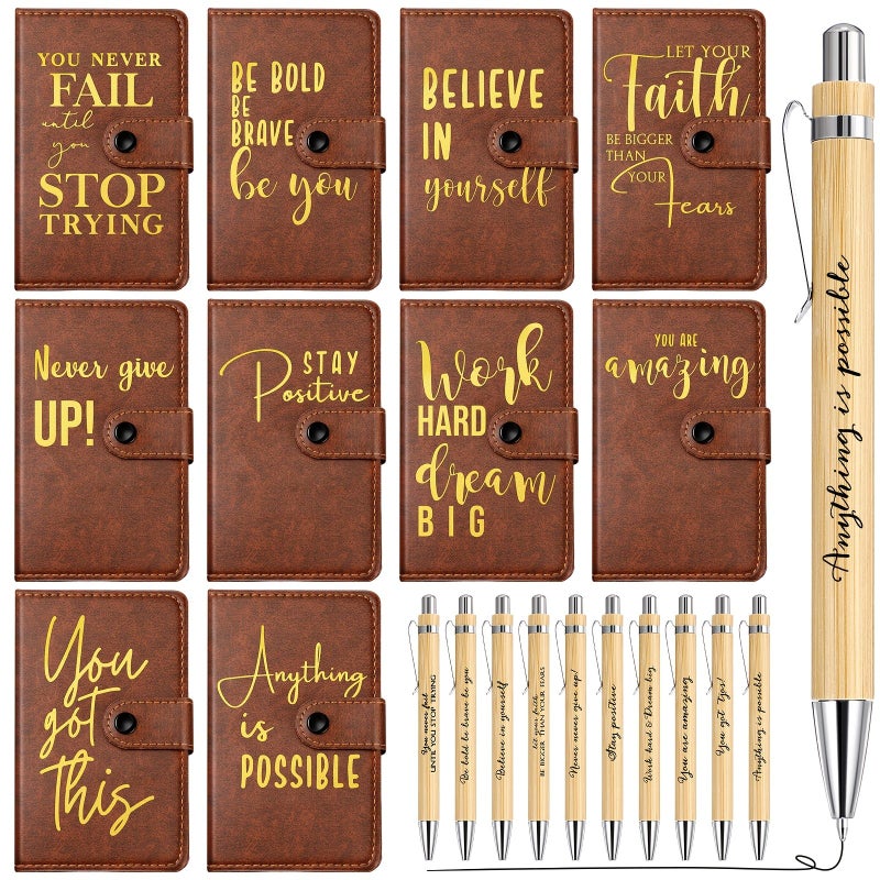 10 Sets Inspirational Leather Journal Notebooks with Bamboo Pens Employee Appreciation Gifts Brown - Image 1