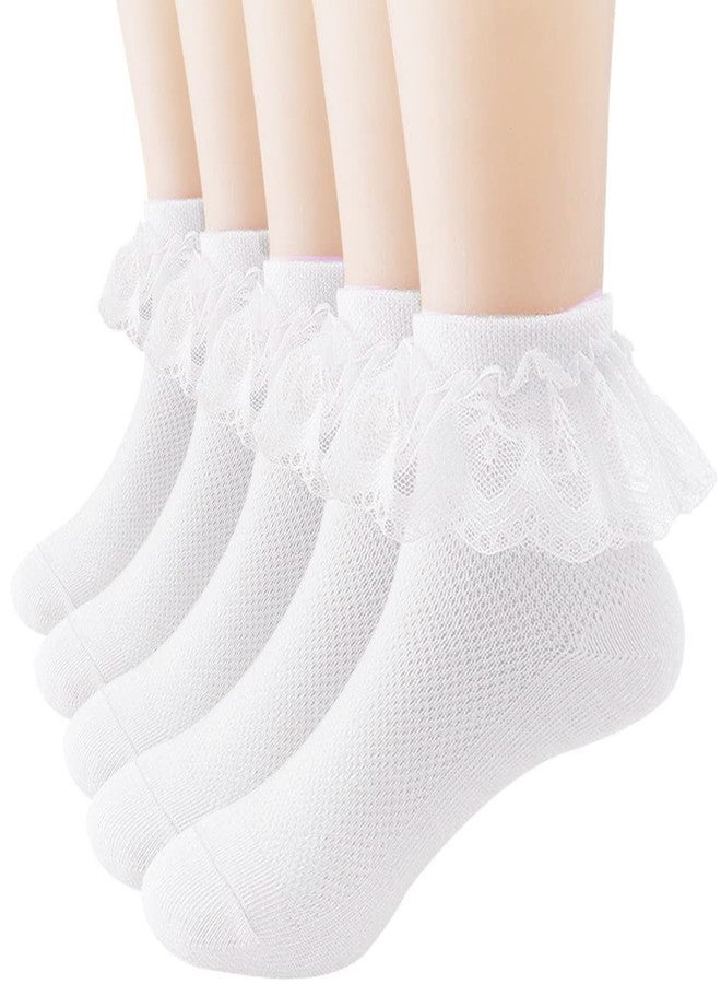 Looching 5 Pairs Toddler Baby Girls Lace Ruffle Socks with Bow White Mesh Cotton Frilly Princess Crew Ankle Socks for Kids - Image 1