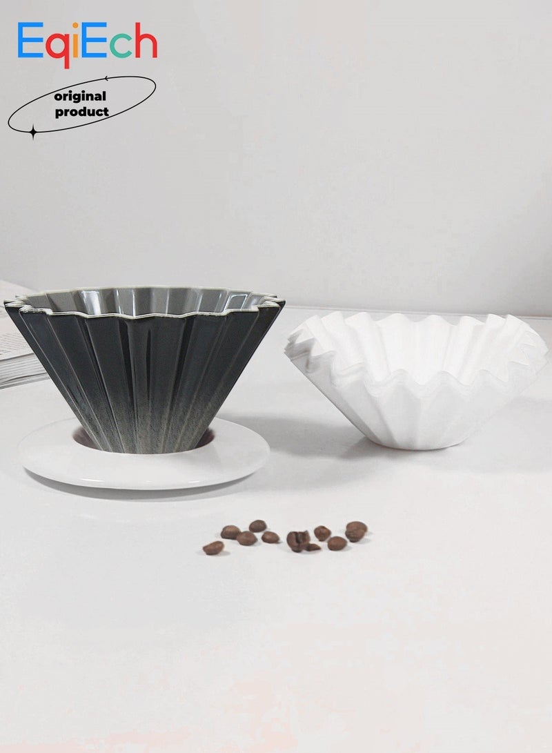 EqiEch V60 Ceramic Coffee Dripper Origami Style 1-2 Cups(50 Pcs Paper Filters Included) Reusable Pour Over Filter Cup for Cafe Home Office Restaurants Gradient Black - Image 1