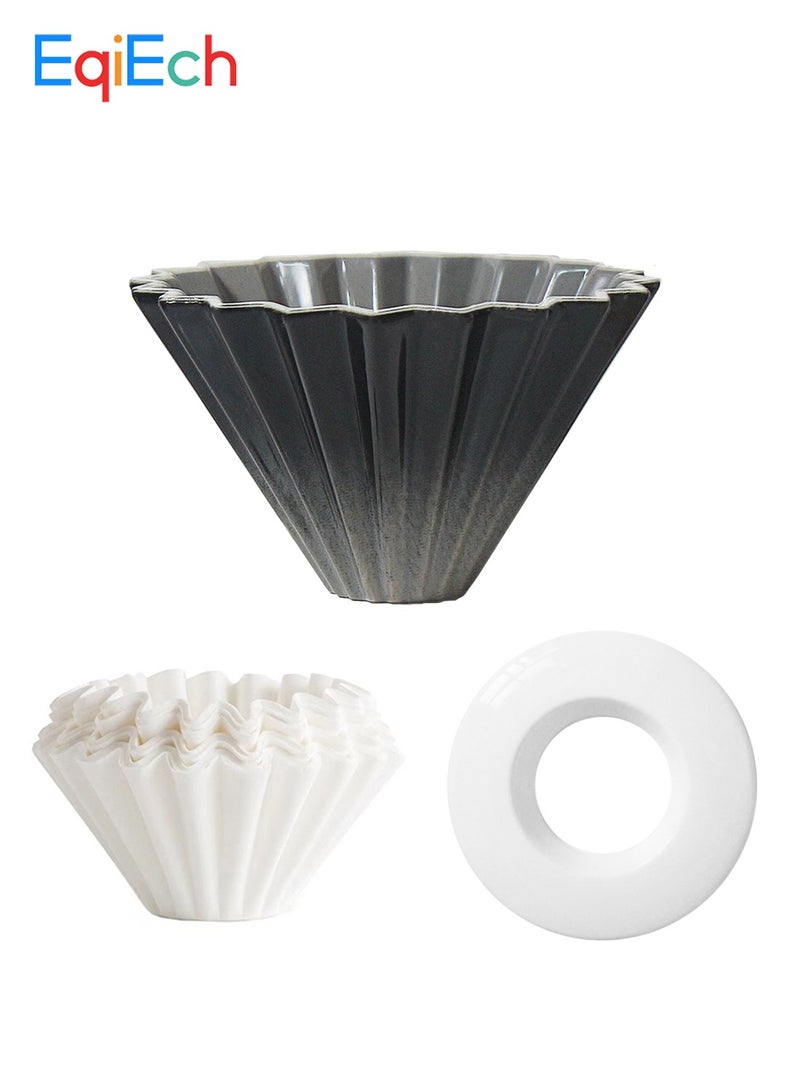 EqiEch V60 Ceramic Coffee Dripper Origami Style 1-2 Cups(50 Pcs Paper Filters Included) Reusable Pour Over Filter Cup for Cafe Home Office Restaurants Gradient Black - Image 2