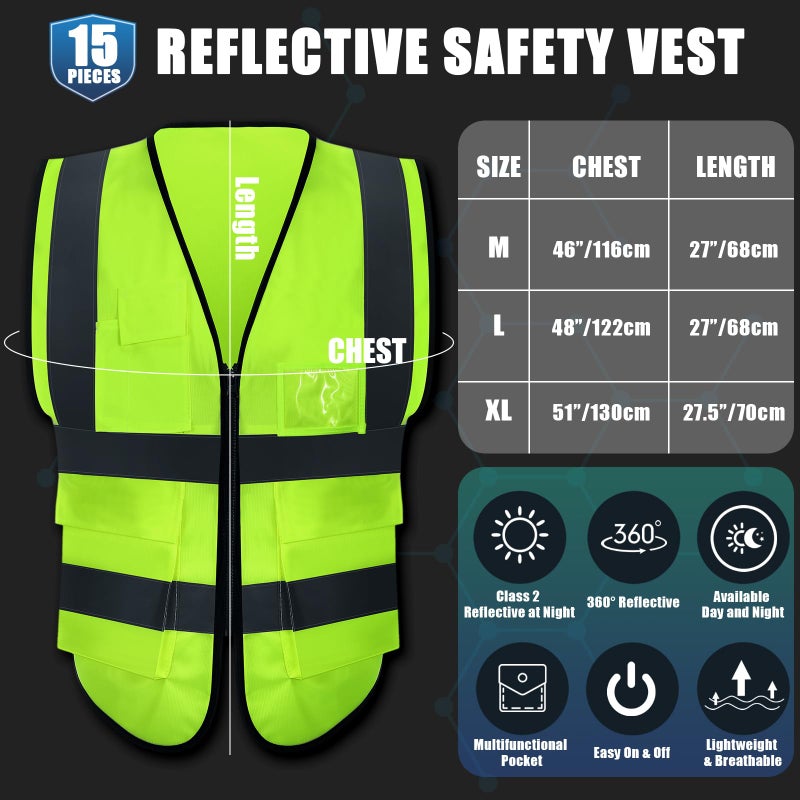 JaGely 15 Pack Reflective Safety Vests with Pockets and Zipper Construction Work High Visibility Vest for Men Women(Large,Fluorescent Green) - Image 2