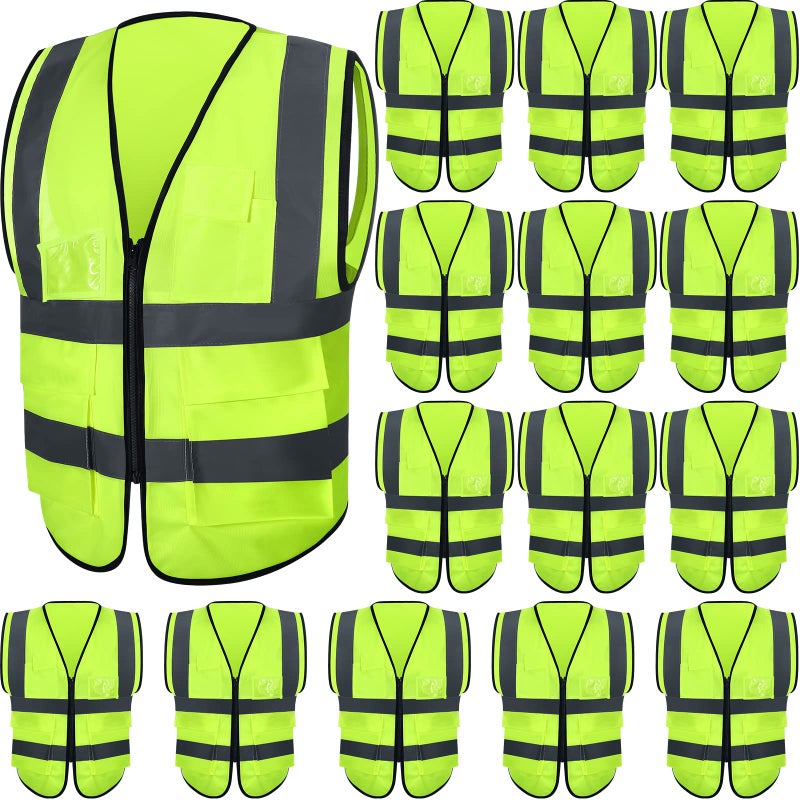 JaGely 15 Pack Reflective Safety Vests with Pockets and Zipper Construction Work High Visibility Vest for Men Women(Large,Fluorescent Green) - Image 1