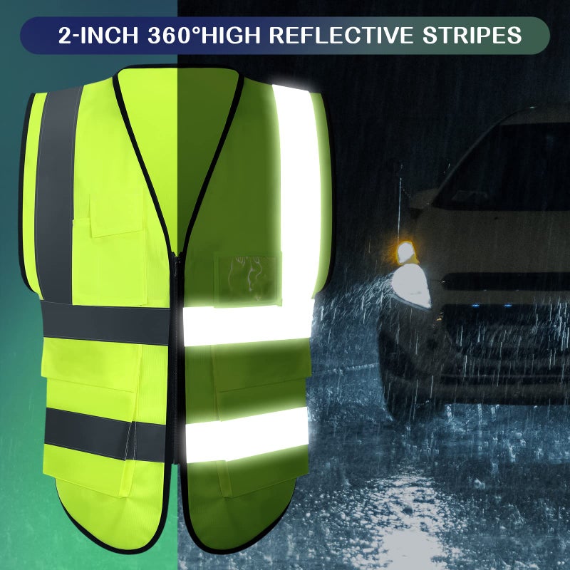 JaGely 15 Pack Reflective Safety Vests with Pockets and Zipper Construction Work High Visibility Vest for Men Women(Large,Fluorescent Green) - Image 4