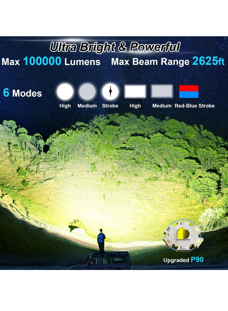 Rechargeable Spotlight, 100000 Lumens Led Spot Lights Handheld Large Flashlight Super Bright Outdoor Solar Spotlights Searchlight with Cob Light, 6 Modes, IPX5 Waterproof - Image 4