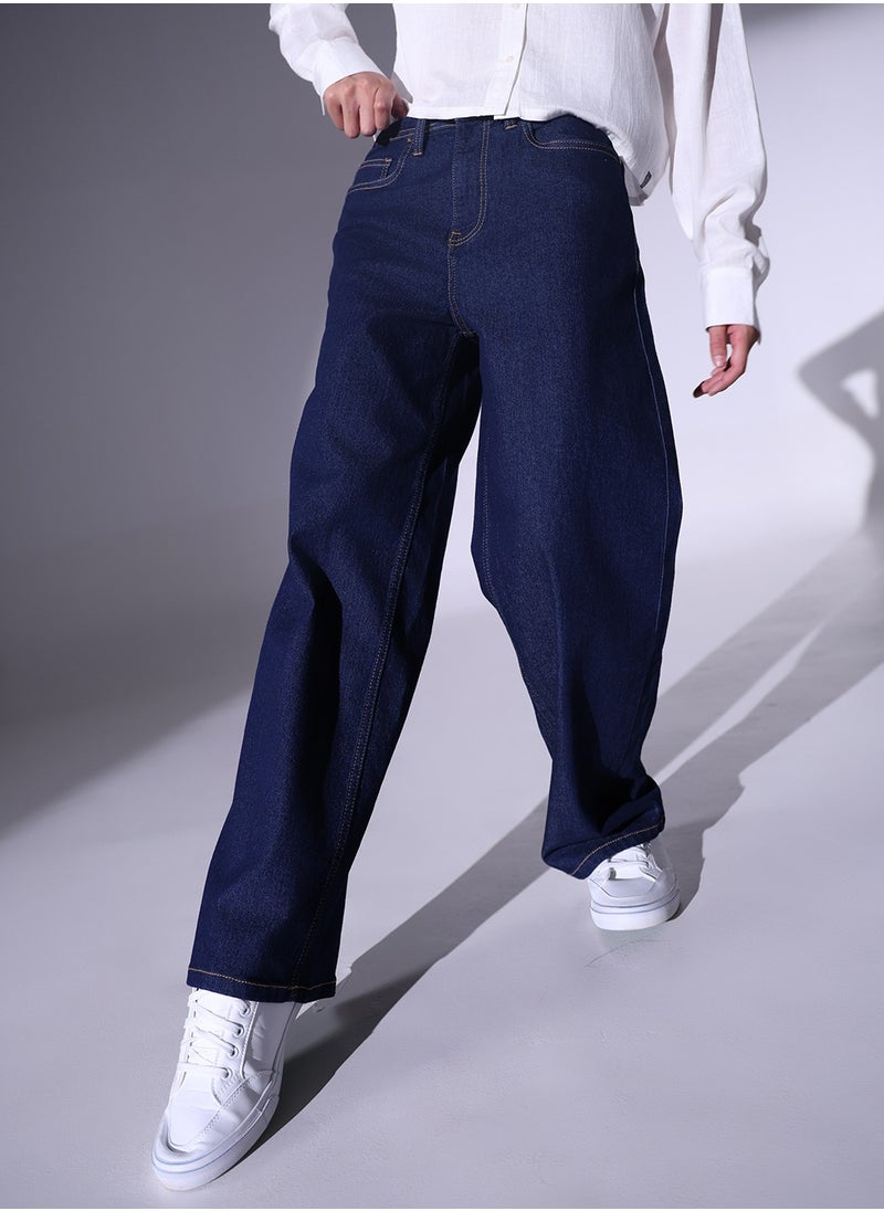 Hubberholme Relaxed Fit Indigo Heavy Fade Stretchable 90's Baggy Jeans for Women  - Image 1