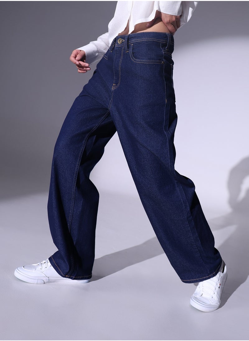 Hubberholme Relaxed Fit Indigo Heavy Fade Stretchable 90's Baggy Jeans for Women  - Image 3