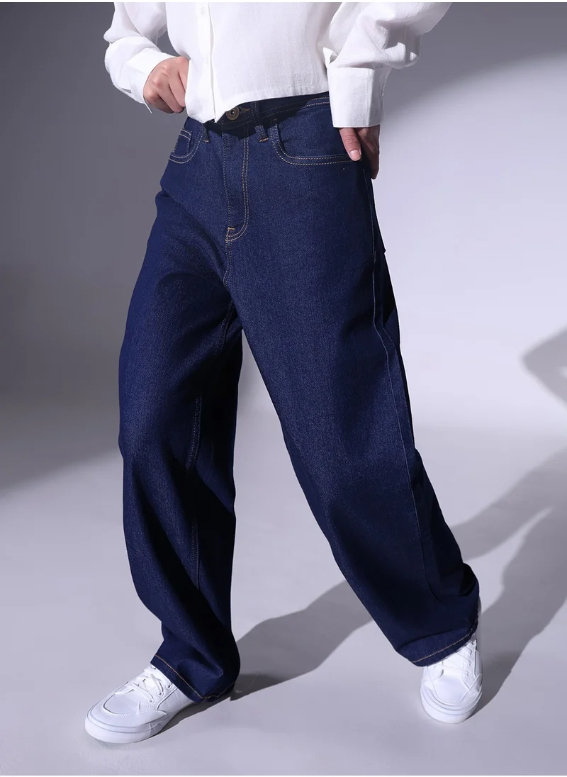 هوبرهولمي Relaxed Fit Indigo Heavy Fade Stretchable 90's Baggy Jeans for Women