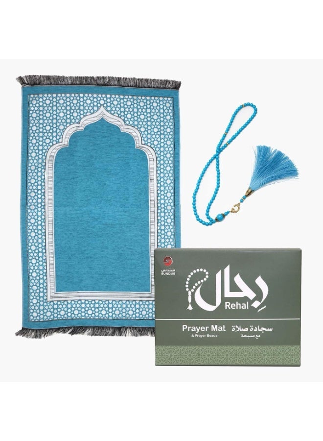 SUNDUS Rehal Travel Prayer Mat Set with Prayer Beads | Portable Lightweight Sajjadah with Compass & Carrying Pouch | Muslim Islamic Gift Misbaha Tasbeeh - Sky Blue - Image 1