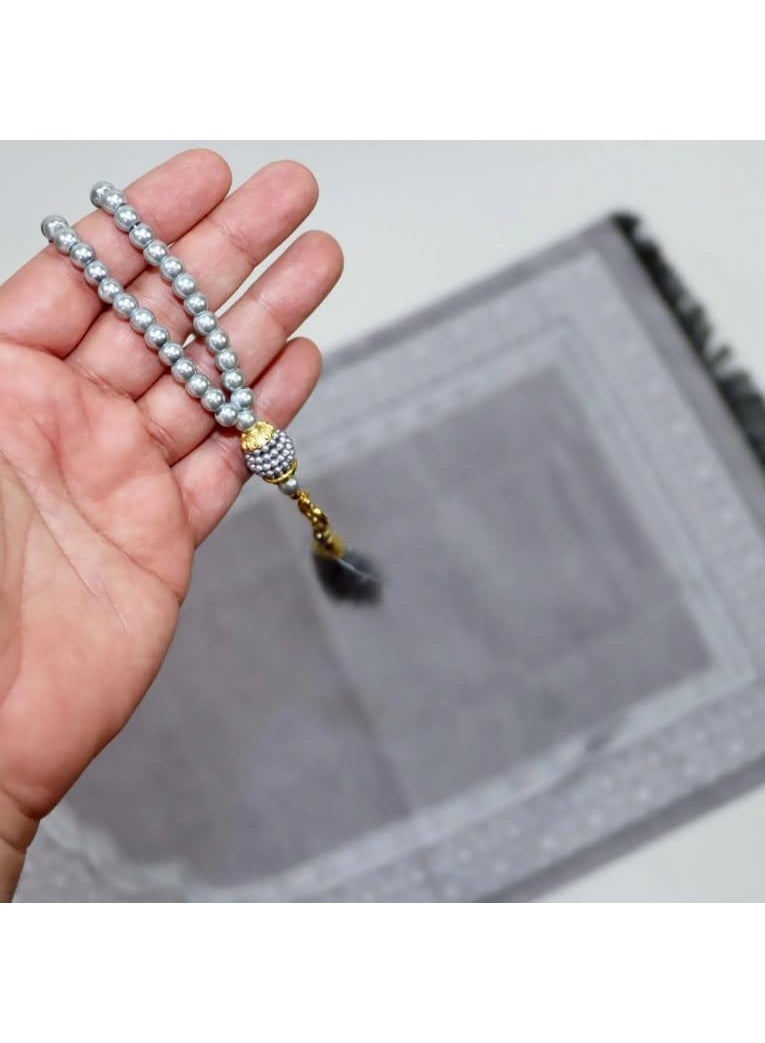 SUNDUS Rehal Travel Prayer Mat Set with Prayer Beads | Portable Lightweight Sajjadah with Compass & Carrying Pouch | Muslim Islamic Gift Misbaha Tasbeeh - Sky Blue - Image 3