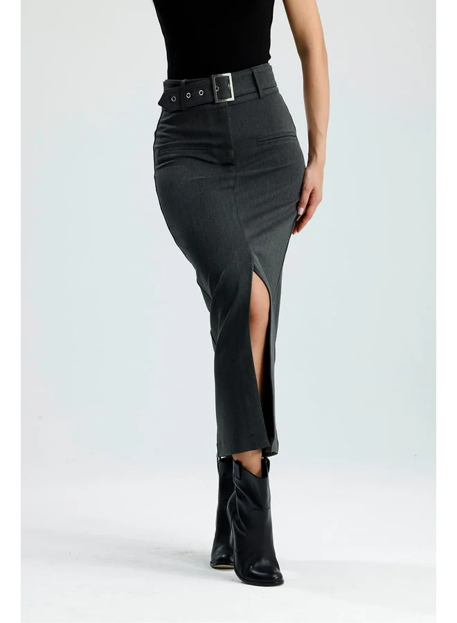 GACACOLLECTION VELARA High-Waisted Belted Gray Maxi Skirt with Front Slit.
