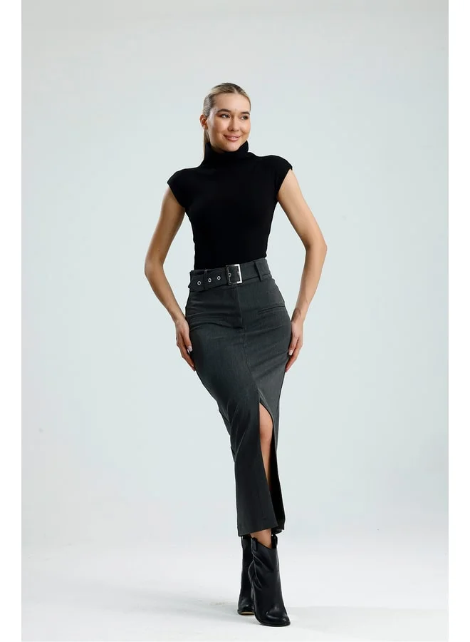 GACACOLLECTION VELARA High-Waisted Belted Gray Maxi Skirt with Front Slit.