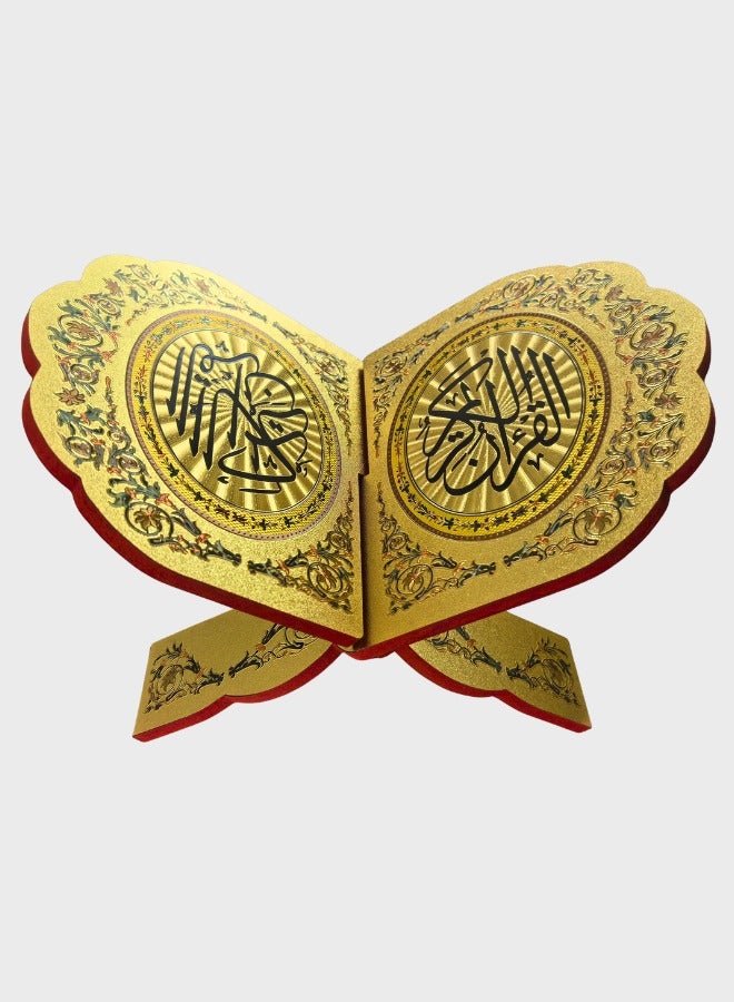 Shiny Gold Metallic Pattern Quran Stand – Wooden Rehal with Luxurious Islamic Motif Decals – Foldable X-Shape Book Rest for Desk Decoration