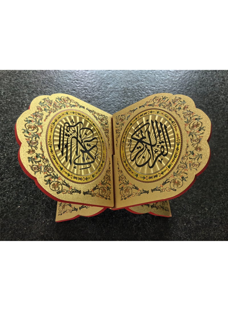 Fianser Shiny Gold Metallic Pattern Quran Stand – Wooden Rehal with Luxurious Islamic Motif Decals – Foldable X-Shape Book Rest for Desk Decoration - Image 3