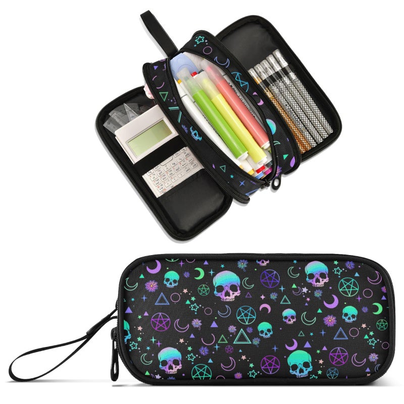 XUWU Magic Skull Large Capacity Pencil Case Pencil Pouch Office School Large Storage Pen Bag 3 Compartment pencil box for Adults School Teen Girl Boy Men Women - Image 2