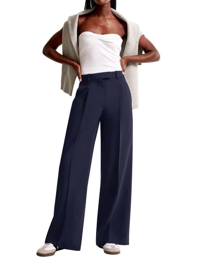 NIMIN Women Wide Leg Pants High Waisted Formal Dressy Work Trousers Business Casual Pants with Pockets Navy Blue - Image 3