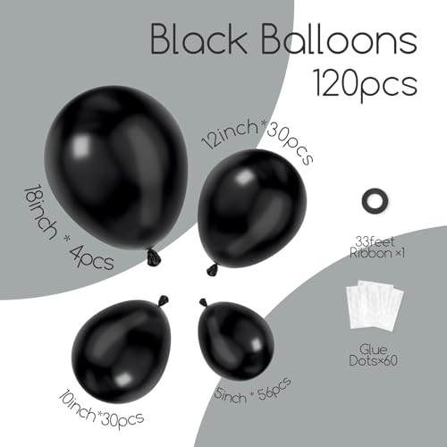Awenztech 120pcs Black Balloon Arch Kit, 18 12 10 5 inch Black Latex Balloons Different Sizes Balloon Garland for Graduation Halloween Birthday Party Decorations - Image 2