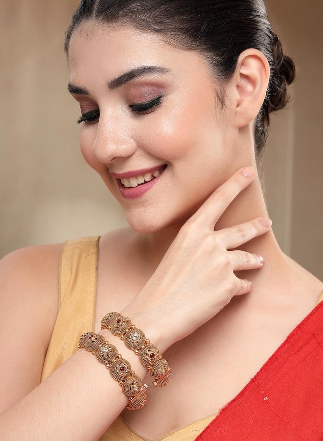 Karatcart Elegant Gold-Plated Red & White Stone Floral Rajwadi Bangles for Women - Image 3