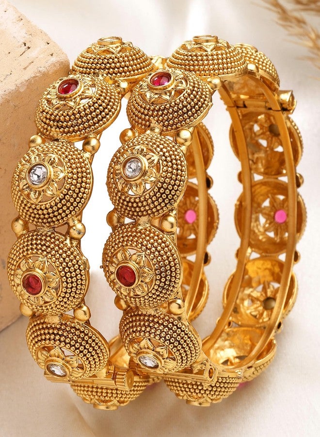 Karatcart Elegant Gold-Plated Red & White Stone Floral Rajwadi Bangles for Women - Image 4