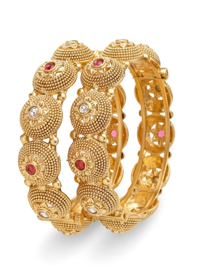 Karatcart Elegant Gold-Plated Red & White Stone Floral Rajwadi Bangles for Women - Image 1
