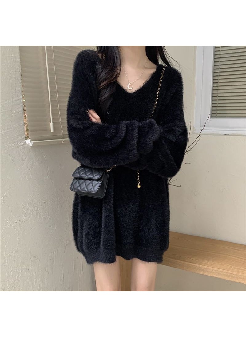Generic - Autumn Winter Womens Long V-neck Knitted Sweater Soft Mink Imitation Loose Fit Comfortable Medium-length Retro Style Top Brown - Image 1