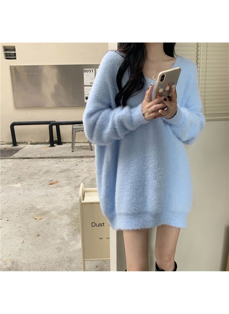 Generic - Autumn Winter Womens Long V-neck Knitted Sweater Soft Mink Imitation Loose Fit Comfortable Medium-length Retro Style Top Brown - Image 1