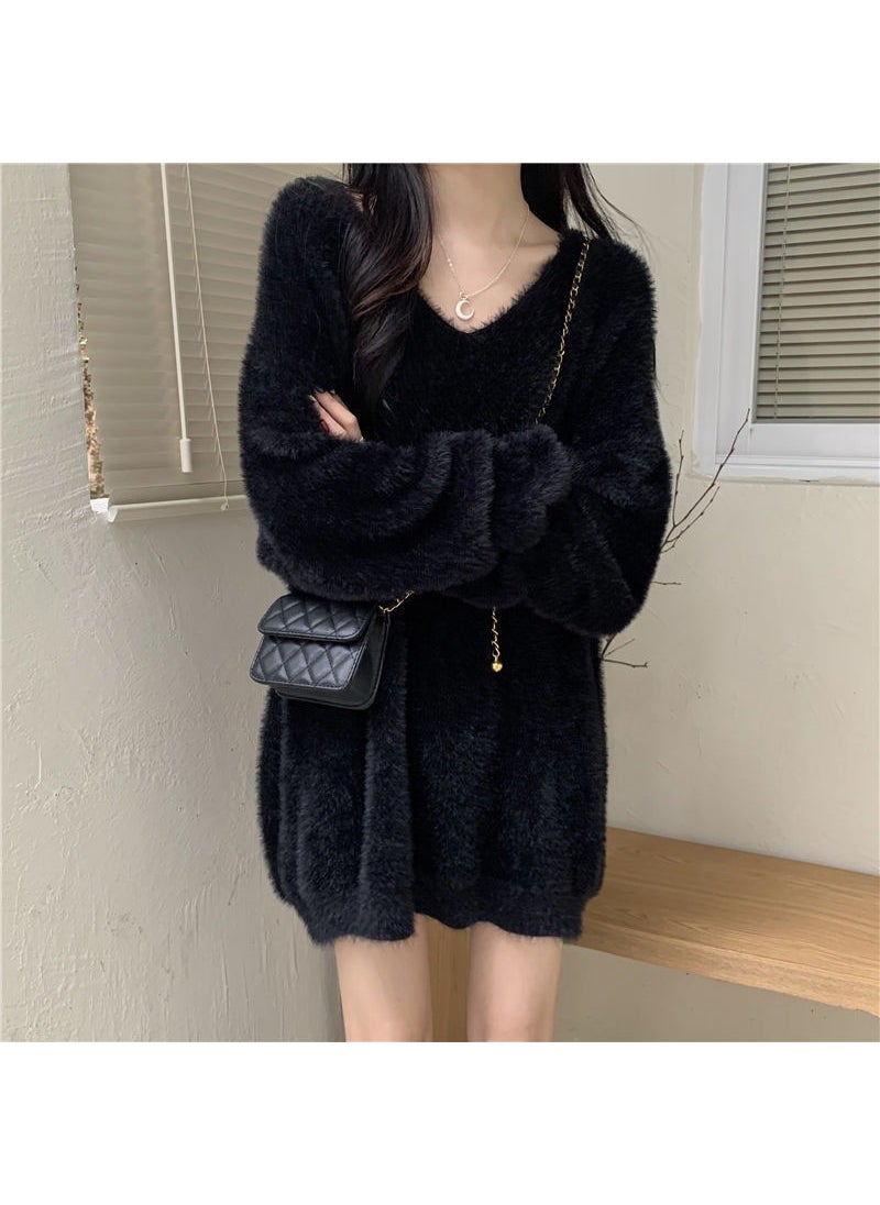Generic - Autumn Winter Womens Long V-neck Knitted Sweater Soft Mink Imitation Loose Fit Comfortable Medium-length Retro Style Top Brown - Image 1