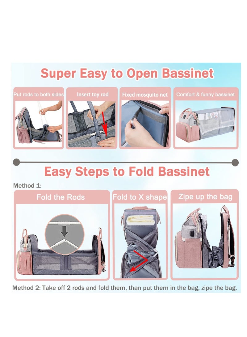 ميكسد حقيبة ظهر للحفاضات، حقيبة حفاضات للأطفال مع محطة تغيير وحانة ألعاب، حقيبة حفاضات للأطفال والبنات والأولاد للأب والأم وهدايا استحمام الطفل، سعة كبيرة، أكسفورد 900d، منفذ USB، 3 ألعاب، وردي - Image 3