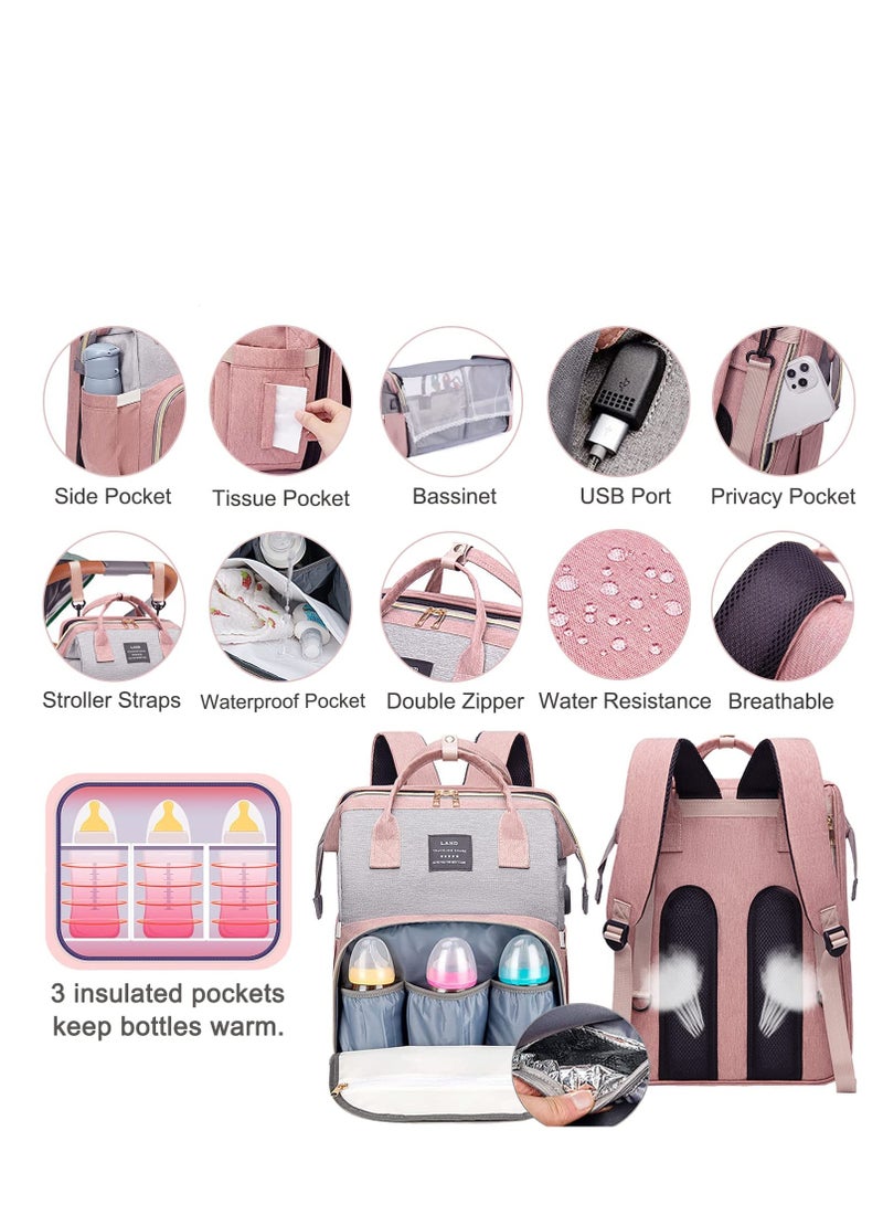 ميكسد حقيبة ظهر للحفاضات، حقيبة حفاضات للأطفال مع محطة تغيير وحانة ألعاب، حقيبة حفاضات للأطفال والبنات والأولاد للأب والأم وهدايا استحمام الطفل، سعة كبيرة، أكسفورد 900d، منفذ USB، 3 ألعاب، وردي - Image 5
