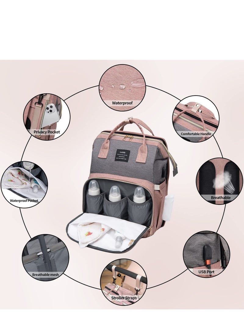 ميكسد حقيبة ظهر للحفاضات، حقيبة حفاضات للأطفال مع محطة تغيير وحانة ألعاب، حقيبة حفاضات للأطفال والبنات والأولاد للأب والأم وهدايا استحمام الطفل، سعة كبيرة، أكسفورد 900d، منفذ USB، 3 ألعاب، وردي - Image 2